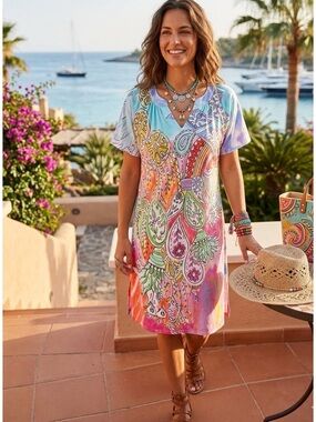 NWT Atelier 5 Raglan Sleeve Original Art To Wear Dress SZ S Vibrant Boho Resort